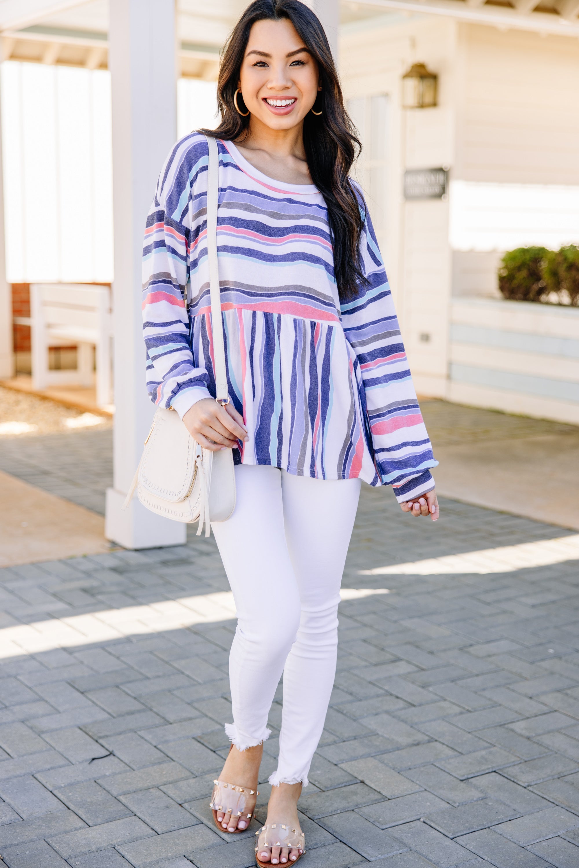 Let's Find Out Blue Striped Bubble Sleeve Top