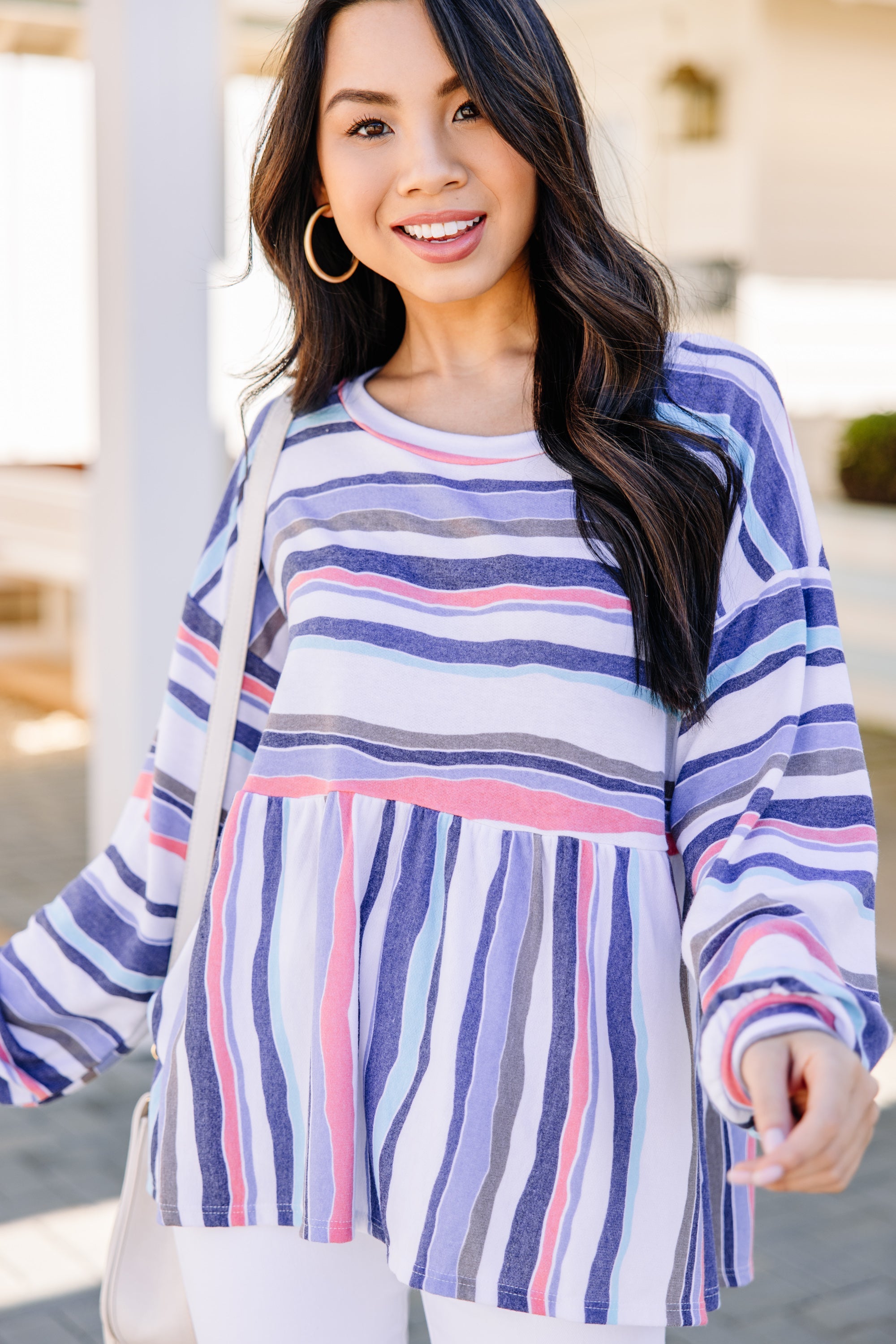 Let's Find Out Blue Striped Bubble Sleeve Top