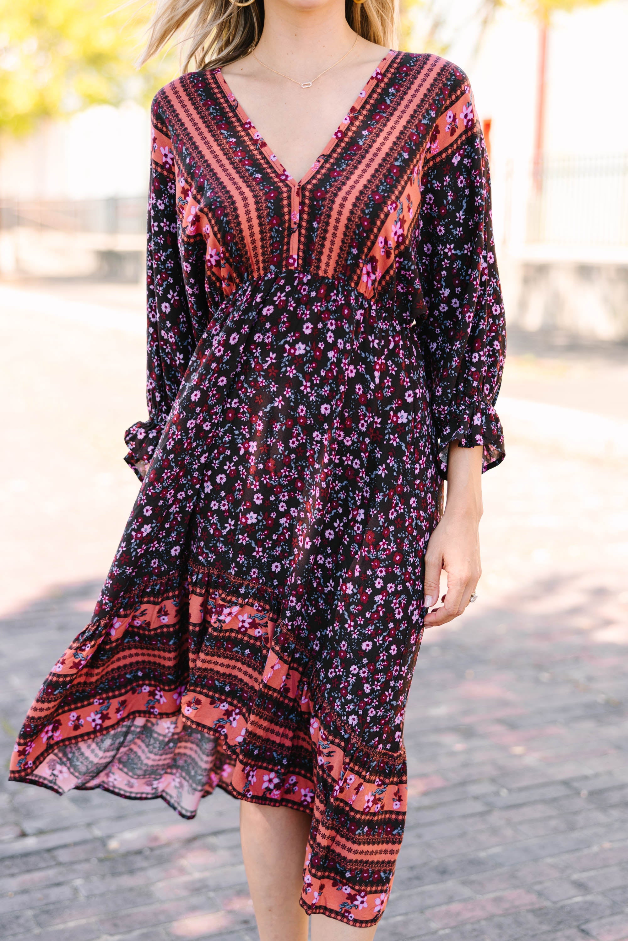 Trust The Process Cocoa Brown Mixed Print Midi Dress