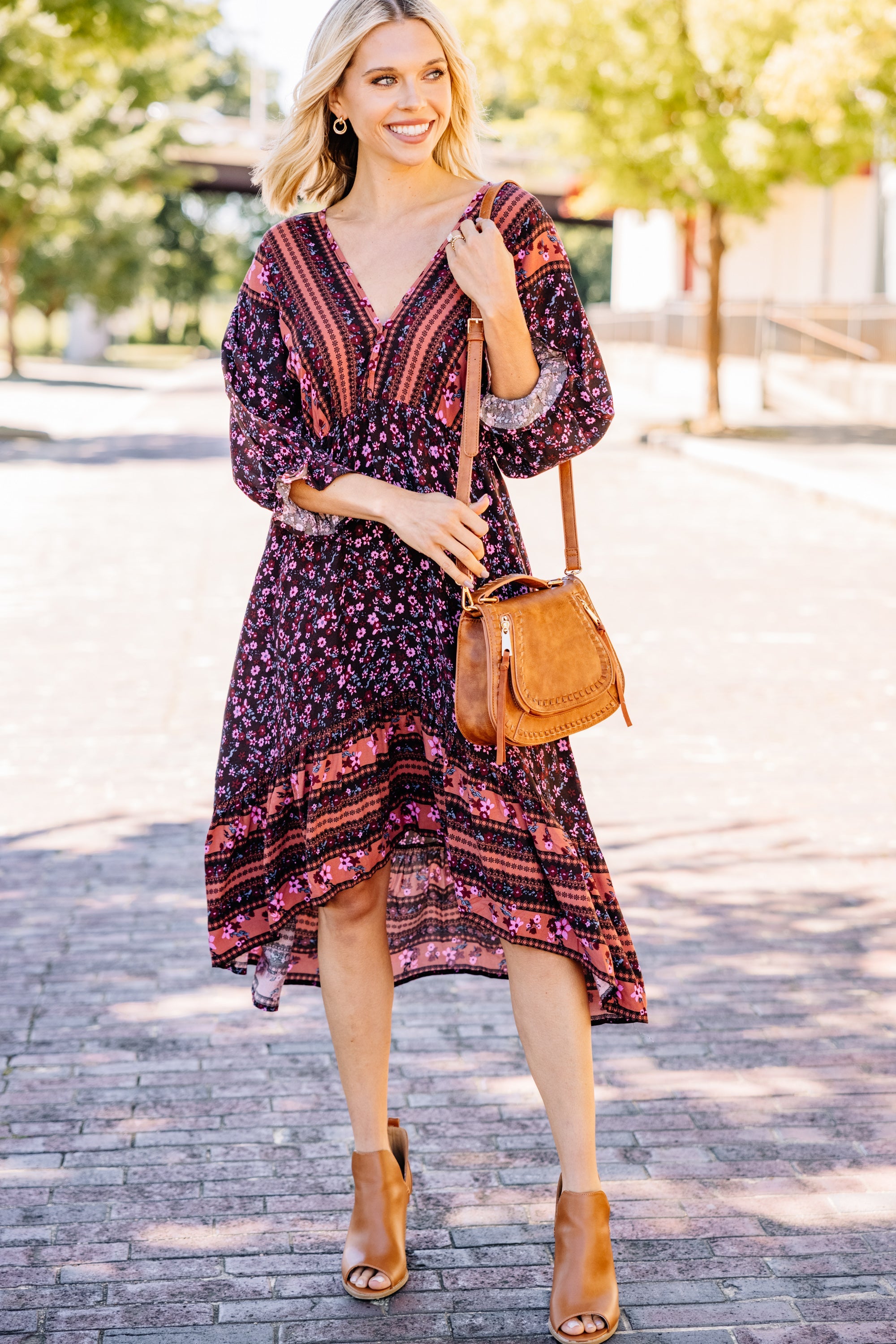 Trust The Process Cocoa Brown Mixed Print Midi Dress