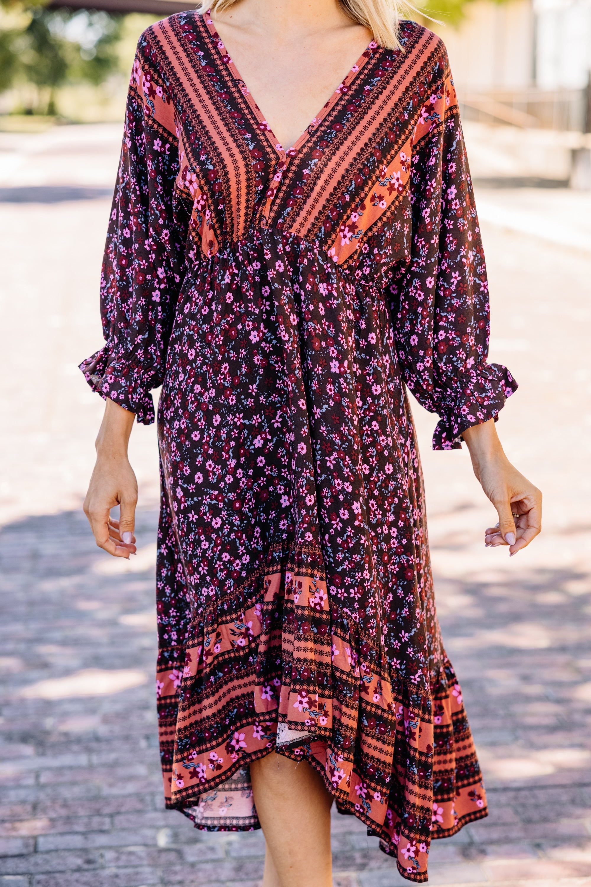 Trust The Process Cocoa Brown Mixed Print Midi Dress