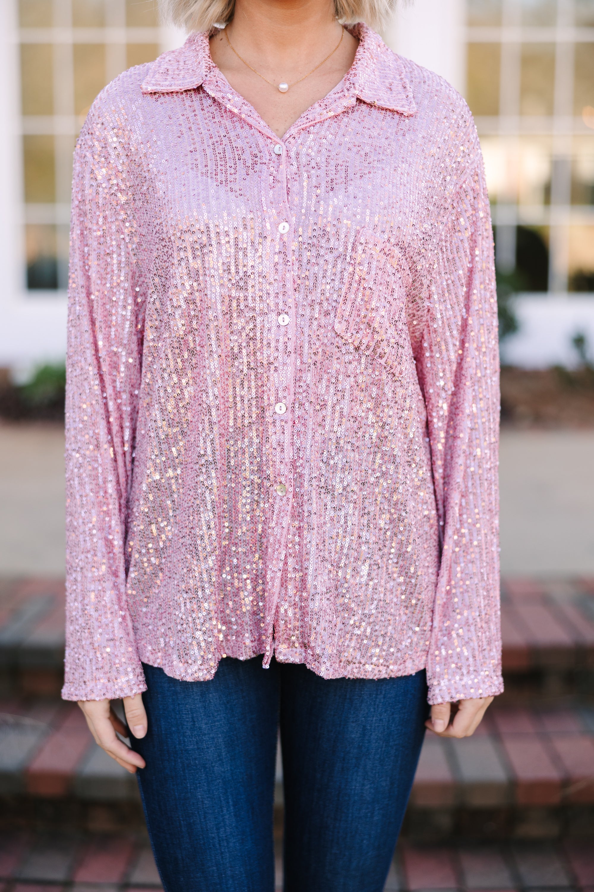 It's A Long Story Rose Pink Sequin Blouse