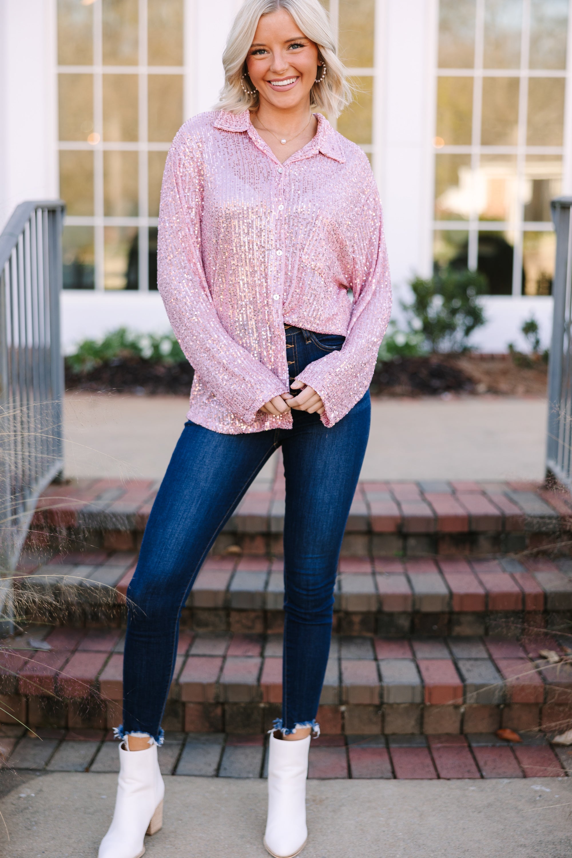 It's A Long Story Rose Pink Sequin Blouse
