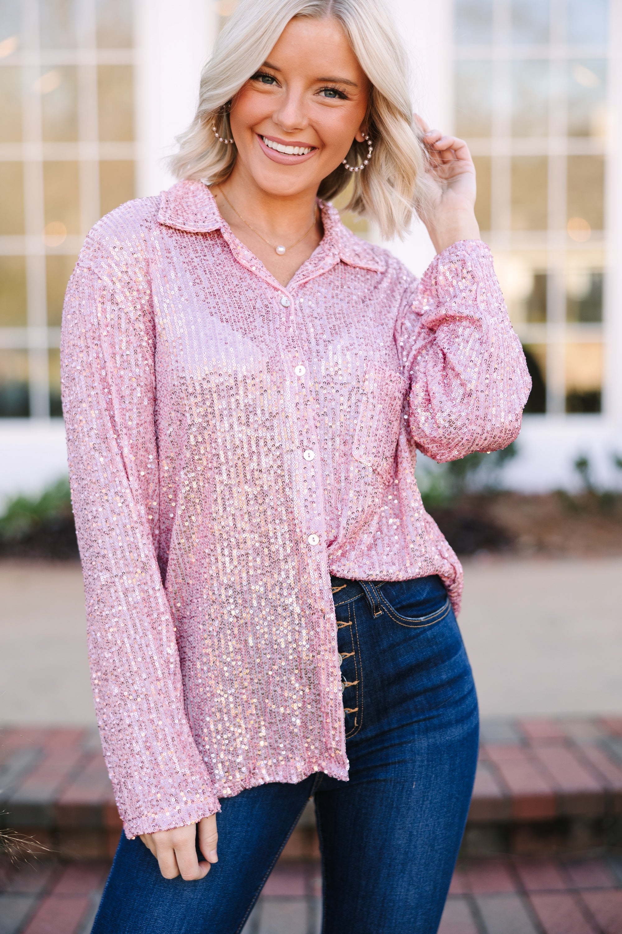 It's A Long Story Rose Pink Sequin Blouse
