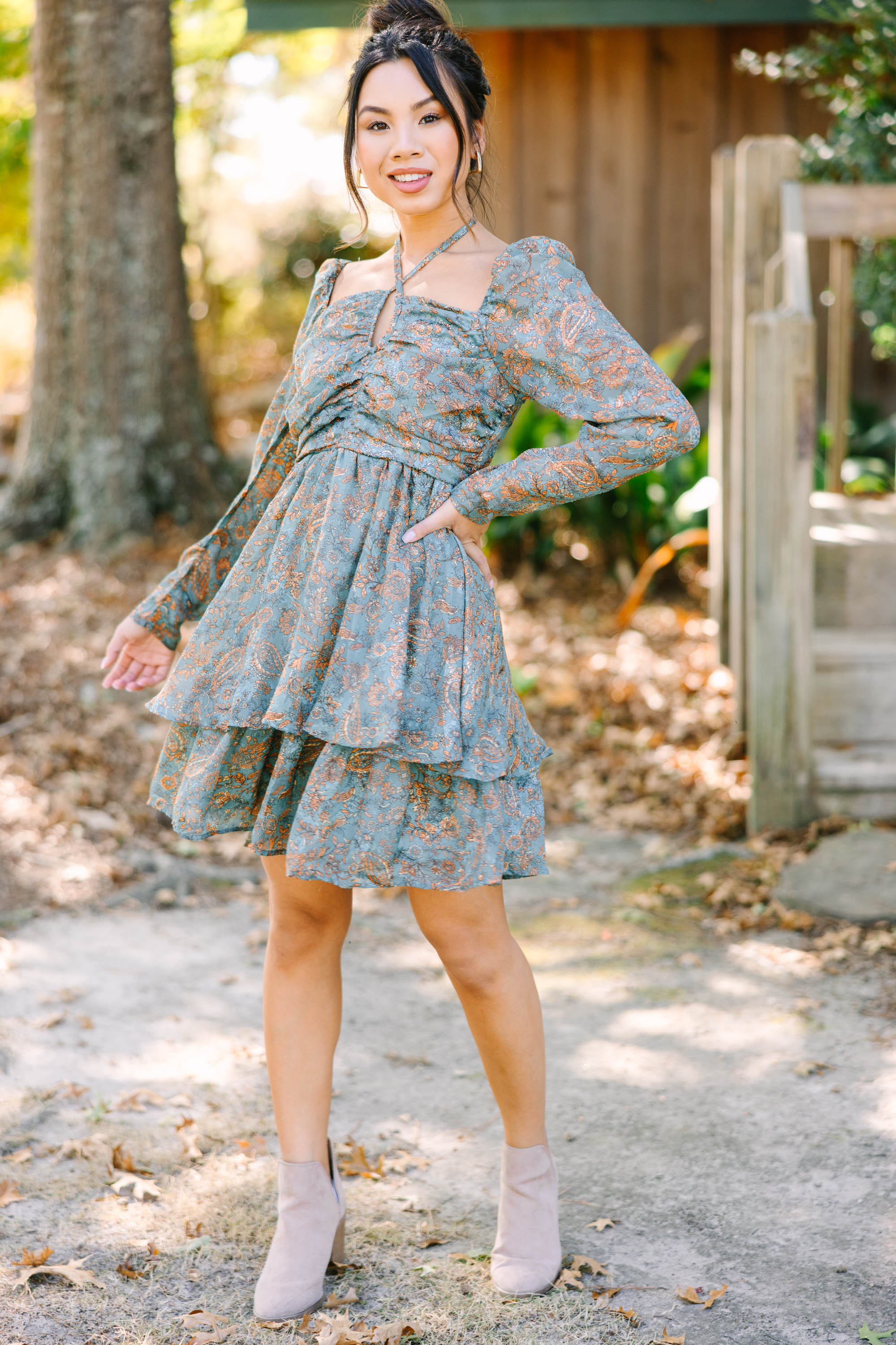 More Than Thankful Teal Green Floral Dress